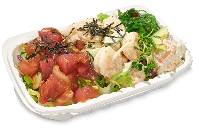 Spicy Poke Box with Salmon, shrimp and seaweed salad